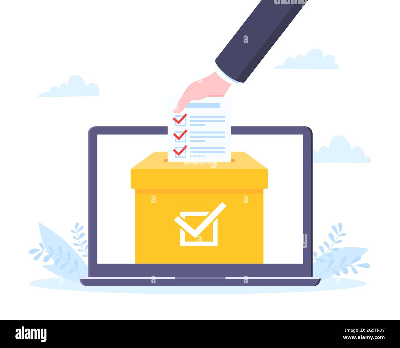 Concept de vote en ligne modèle plat dessin illustration vectorielle. La main géante met le bulletin de vote à l'urne sur l'écran d'ordinateur portable de l'enquête en ligne concept. Illustration de Vecteur