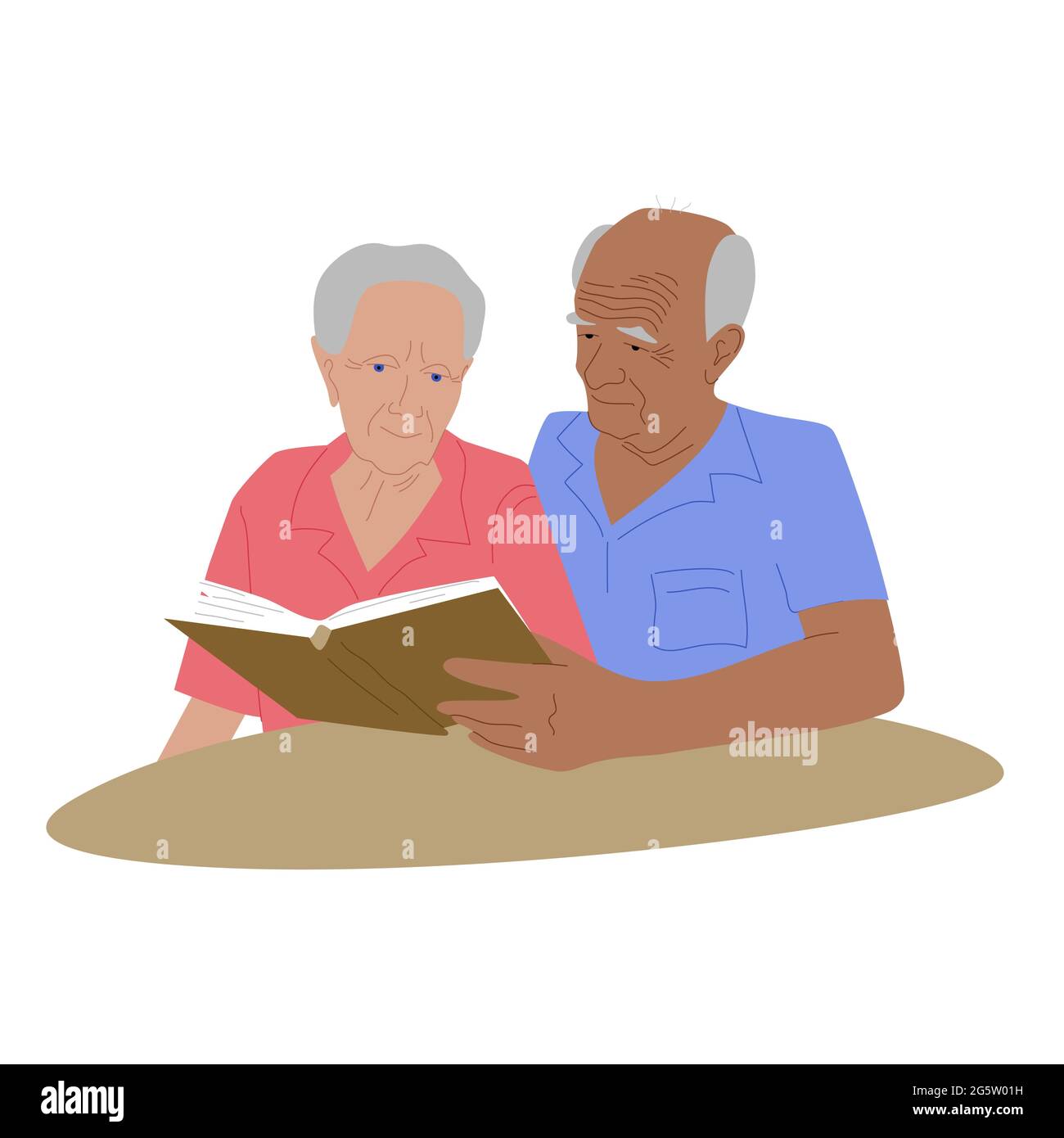 Couple senior assis près de la table, blaireau et femme âgée lisant un livre et passant du temps ensemble vecteur Illustration Illustration de Vecteur