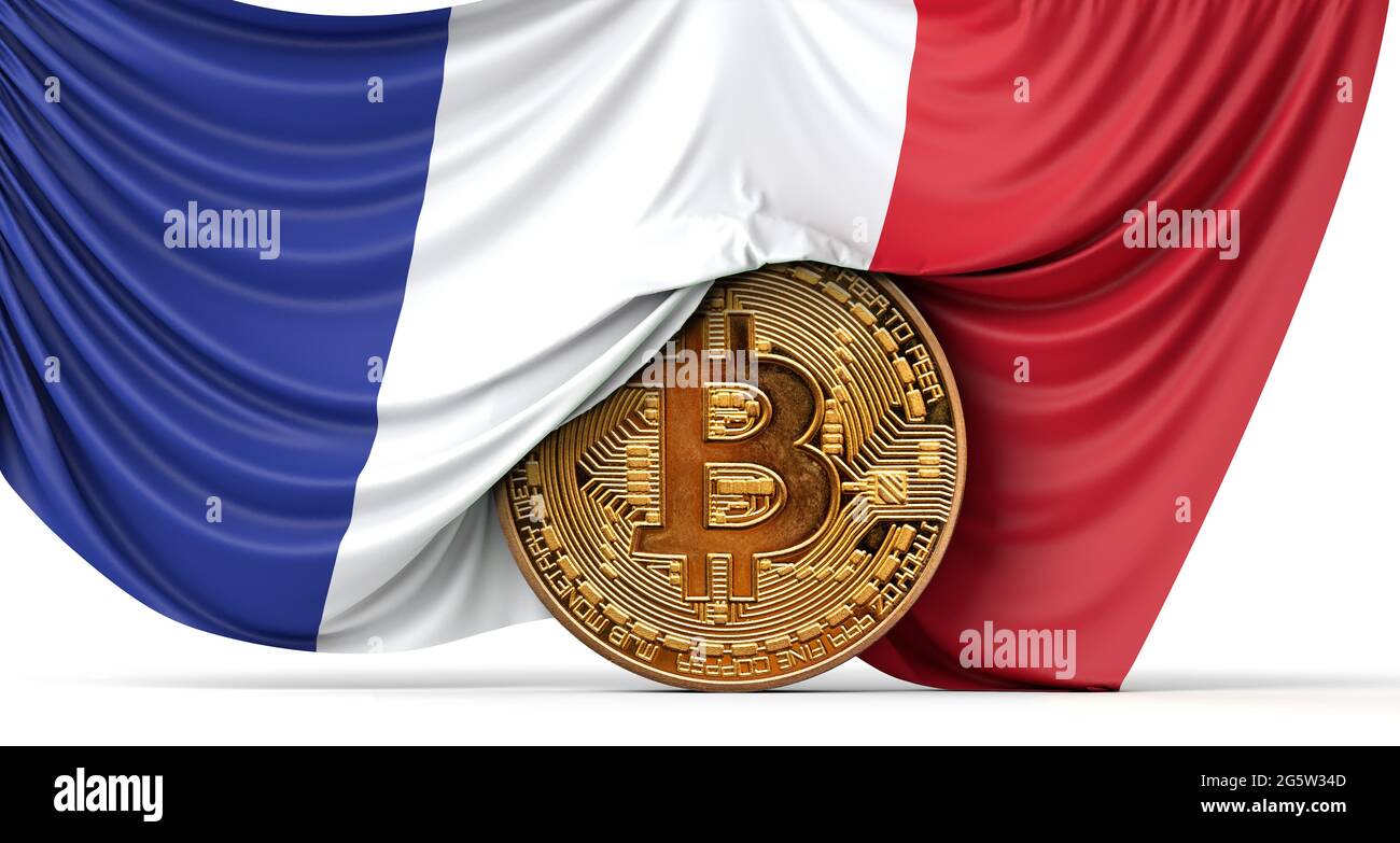 Le drapeau de la France a drapé sur une pièce de monnaie en bitcoin crypto- monnaie. Rendu 3D Photo Stock - Alamy