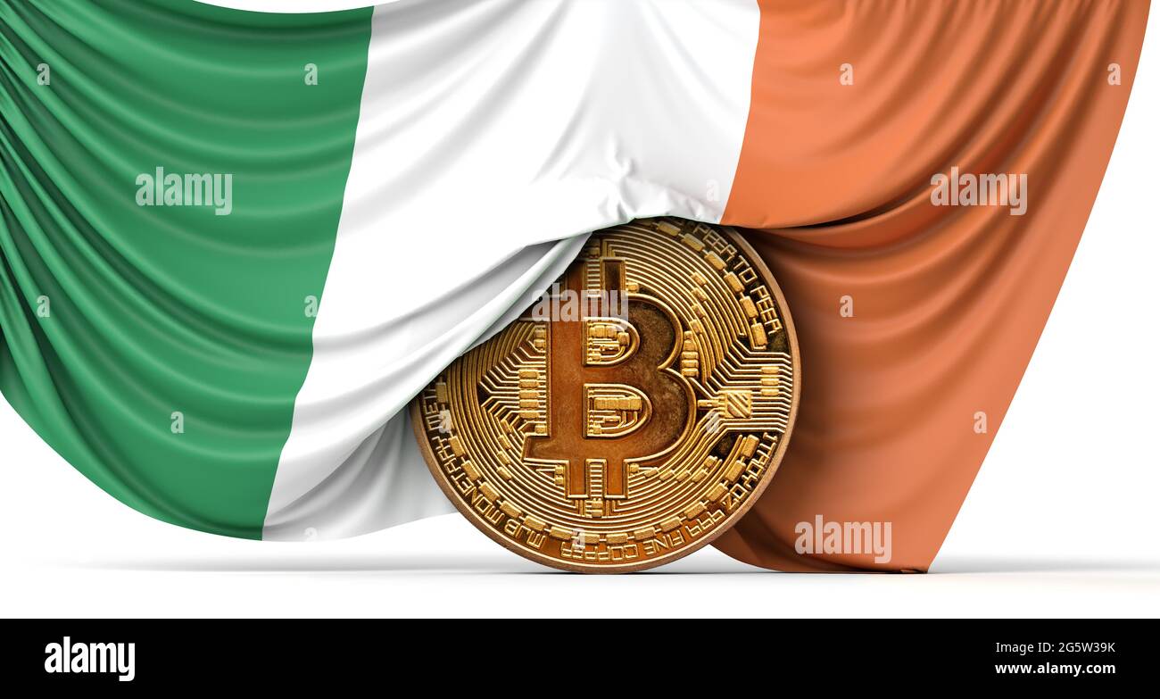 Le drapeau de l'Irlande a drapé sur une pièce de monnaie en bitcoin crypto-monnaie. Rendu 3D Banque D'Images