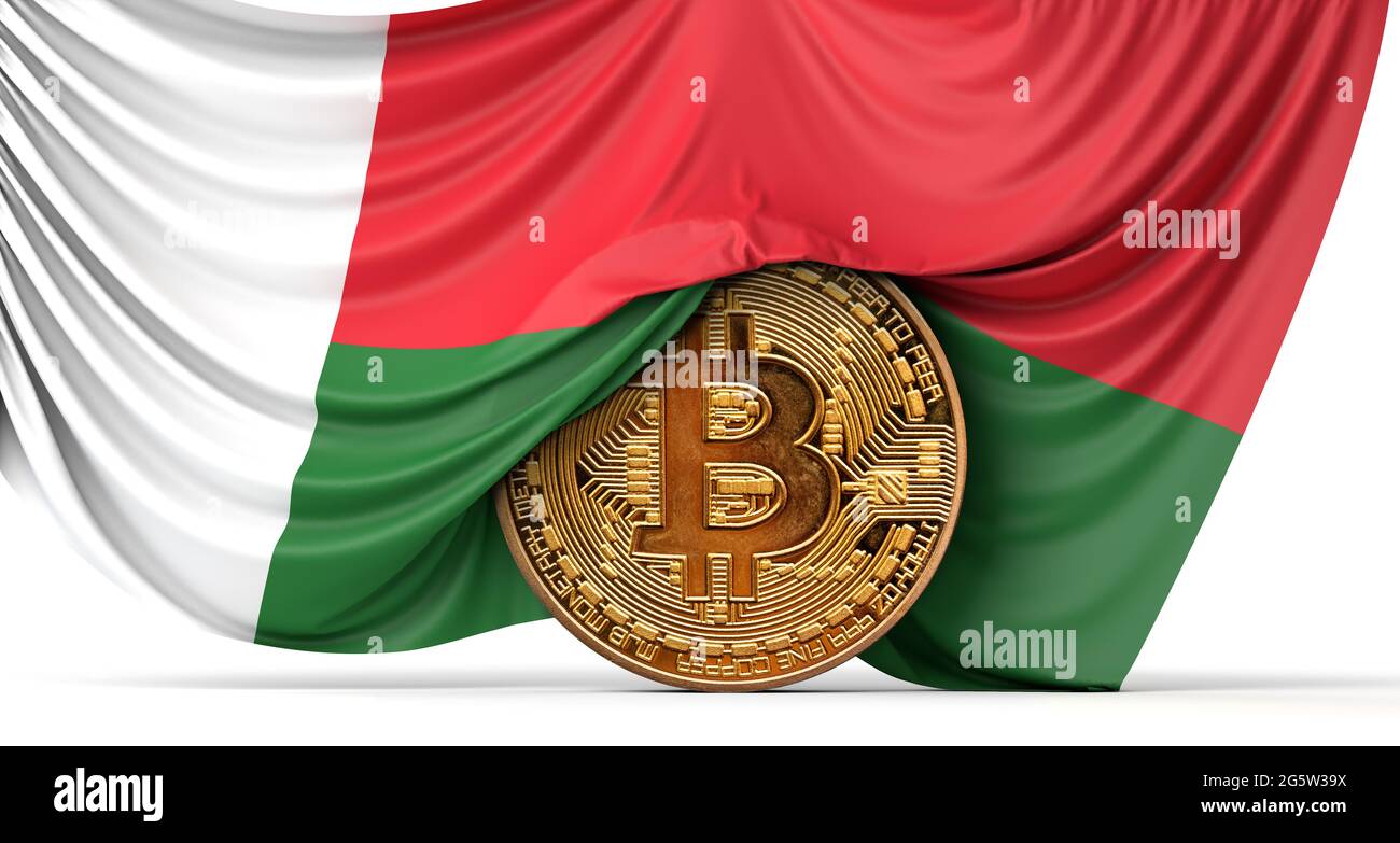 Le drapeau de Madagascar a drapé sur une pièce de monnaie en bitcoin  crypto-monnaie. Rendu 3D Photo Stock - Alamy