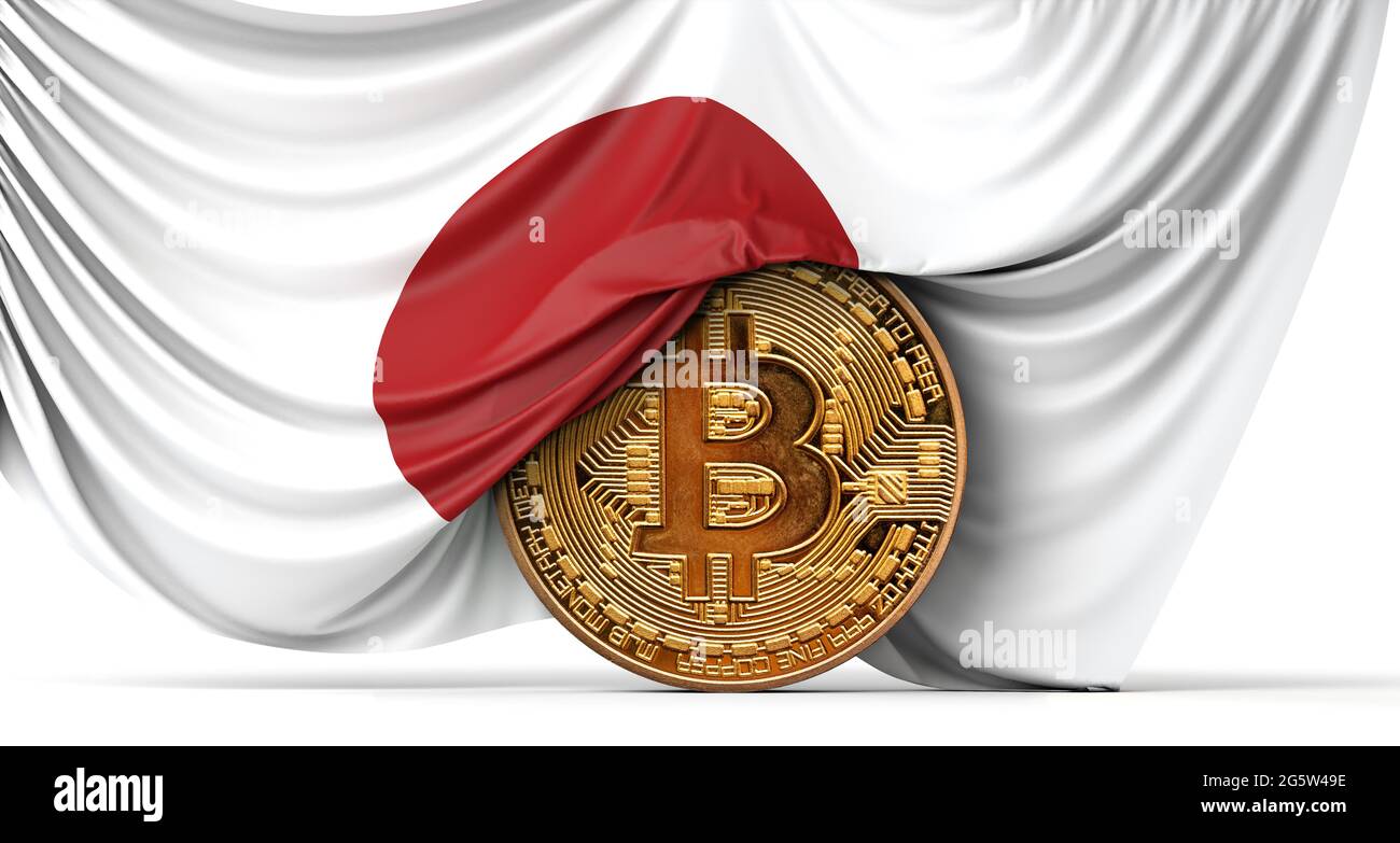 Le drapeau japonais a drapé sur une pièce de monnaie en bitcoin crypto-monnaie. Rendu 3D Banque D'Images