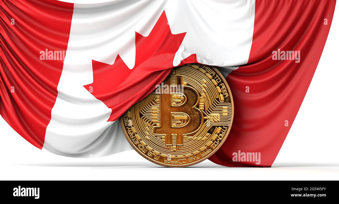 Drapeau du Canada drapé sur une pièce de monnaie en bitcoin crypto-monnaie. Rendu 3D Banque D'Images