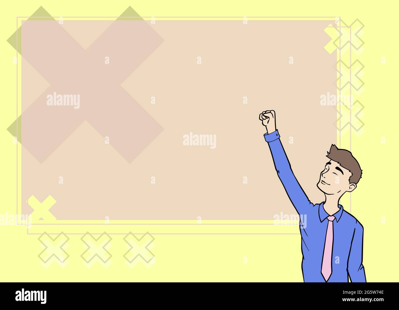 Happy Man Illustration debout devant le tableau de classe levant les mains pour réussir. Sourire élève lever la main avec fierté célébrer l'accomplissement. Illustration de Vecteur