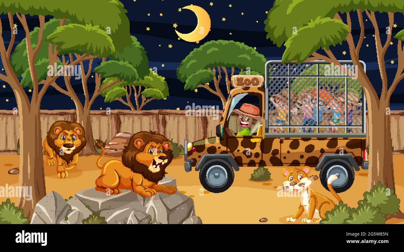 Safari de nuit avec de nombreux enfants regardant l'illustration de groupes de lions Illustration de Vecteur