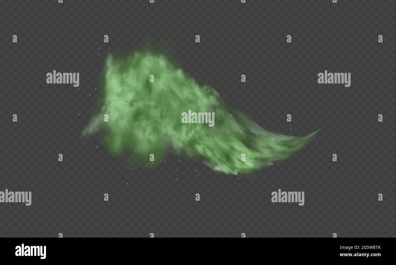 Poussière verte. Fumée floue abstraite avec particules vertes. Fumée ou poussière isolée sur fond transparent. Gaz mystique abstrait. Illustration vectorielle. Illustration de Vecteur
