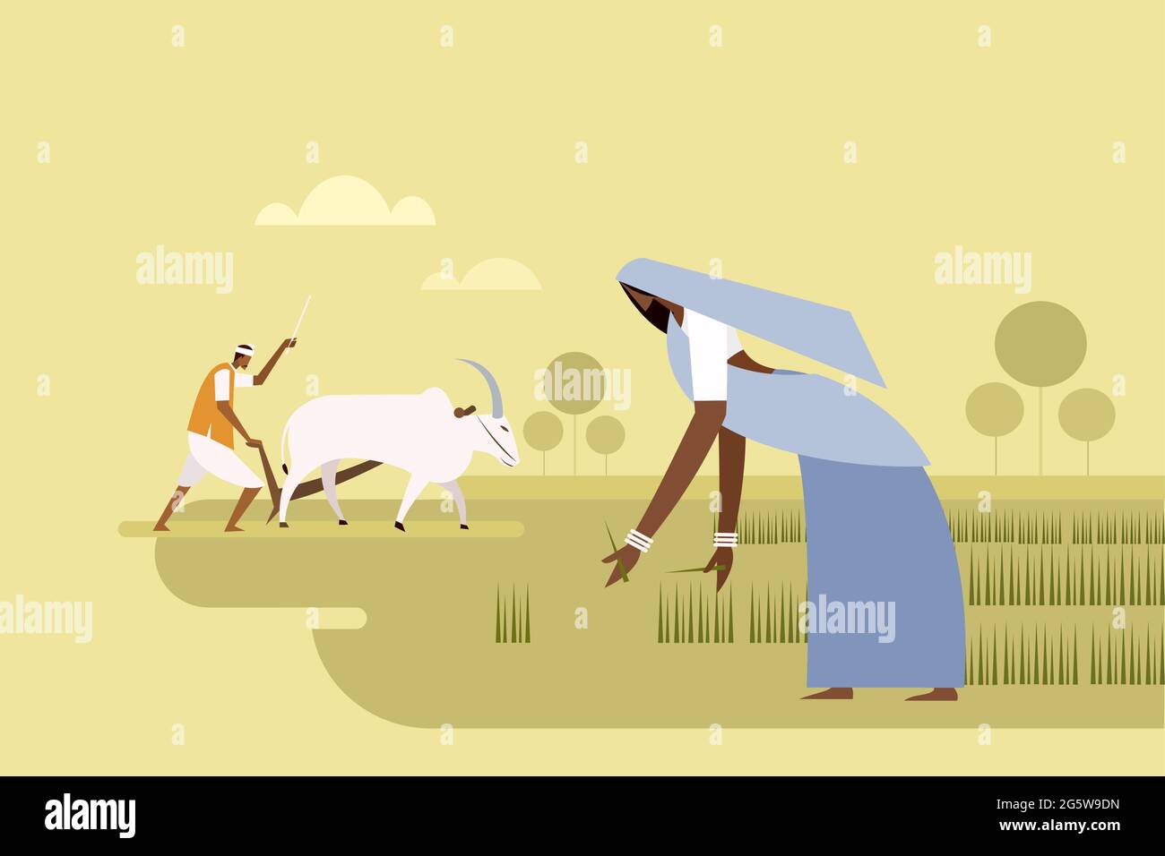 Illustration d'une femme plantant des semis et d'un homme labourant le champ avec des taureaux Illustration de Vecteur