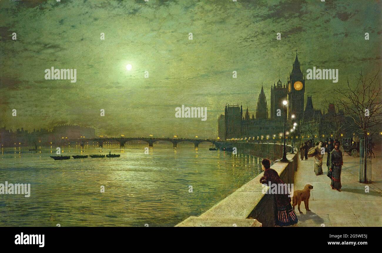 John Atkinson Grimshaw, œuvre intitulée réflexions sur la Tamise, Westminster. Peinture emblématique de la Tamise avec les chambres du Parlement. Banque D'Images
