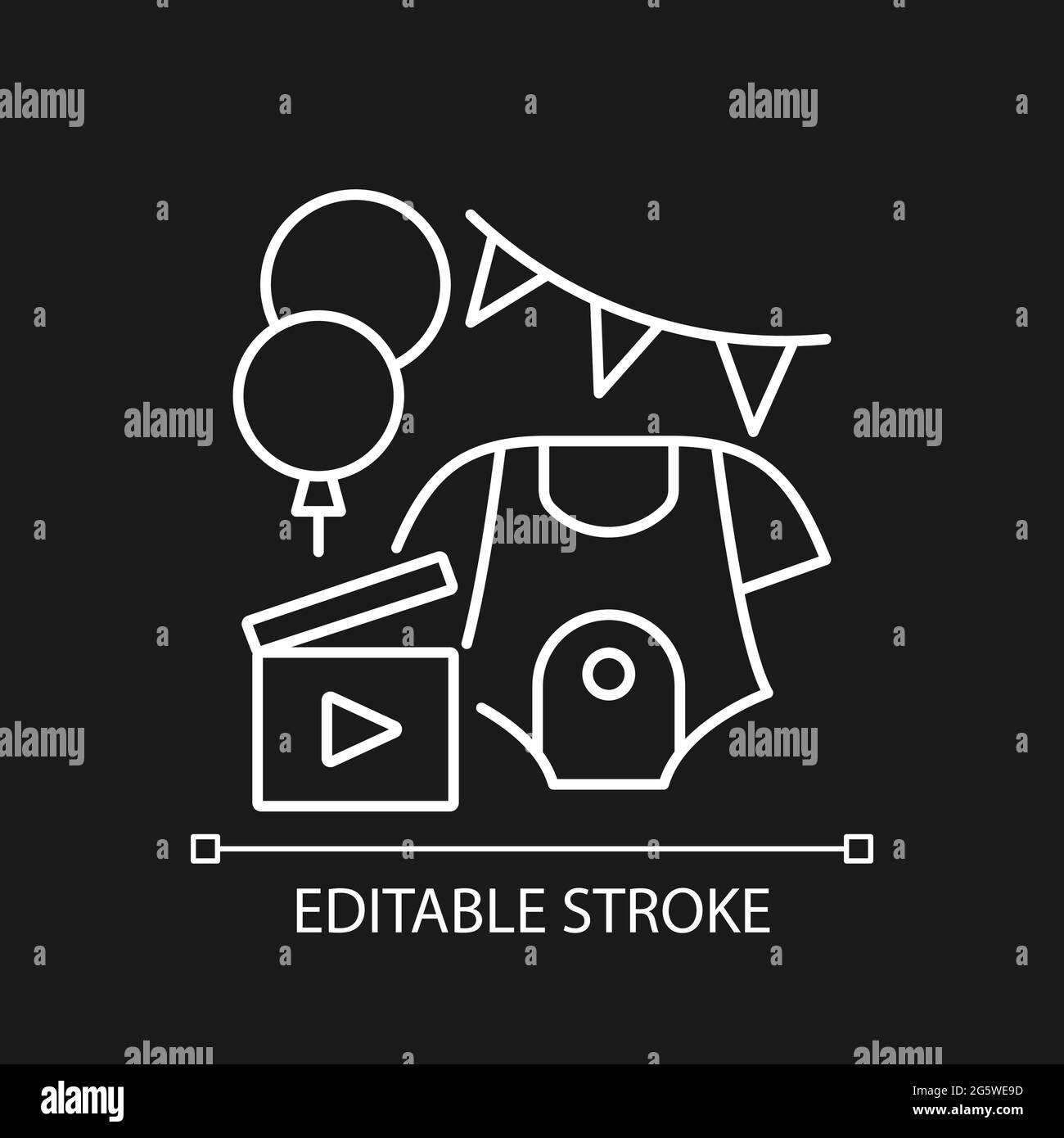 Baby douche partie vidéo blanc icône linéaire pour thème sombre. Vlog de révélation du sexe du nouveau-né. Illustration personnalisable à lignes fines. Système de contour vectoriel isolé Illustration de Vecteur