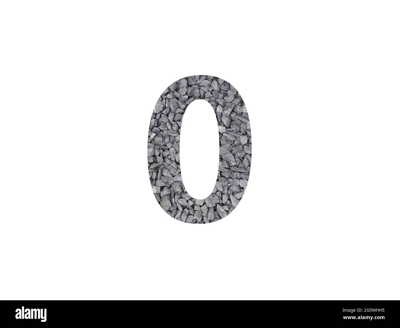 numéro 0 de l'alphabet fait avec du gravier gris isolé sur un fond blanc Banque D'Images