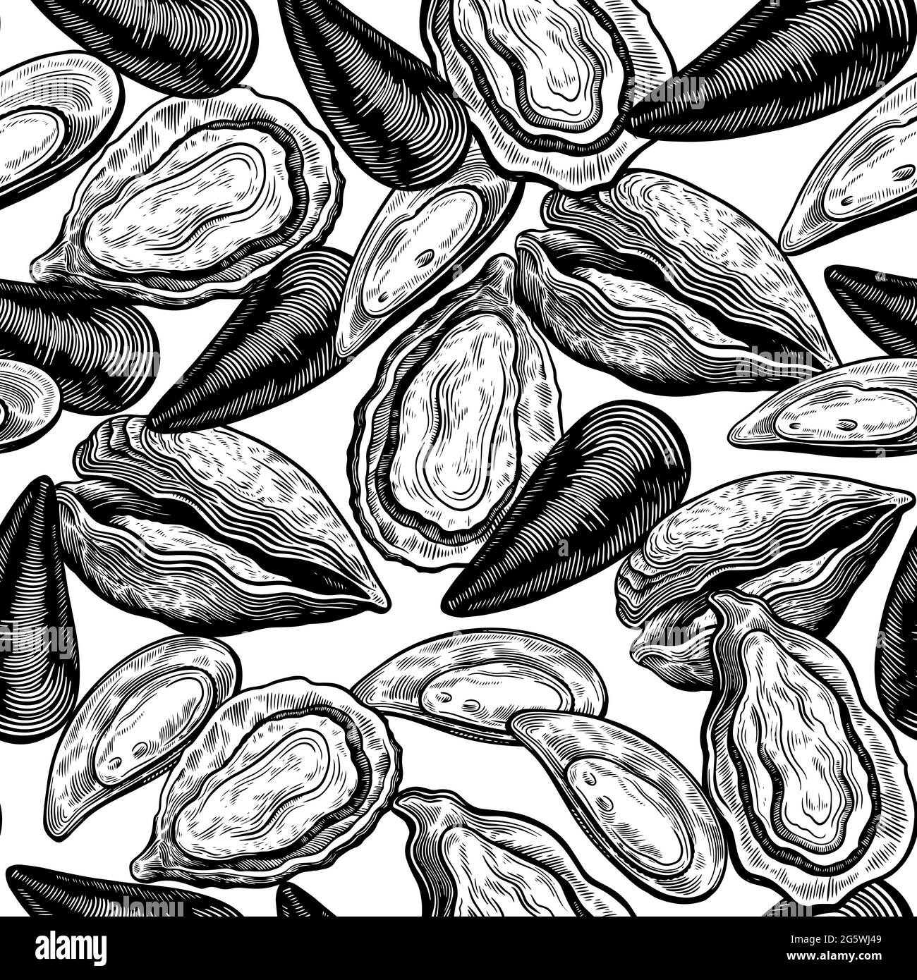 Motif vintage sans couture avec coquilles d'huîtres en gravure croquis de style dessiné à la main Imprimer avec des éléments de moules Illustration de Vecteur