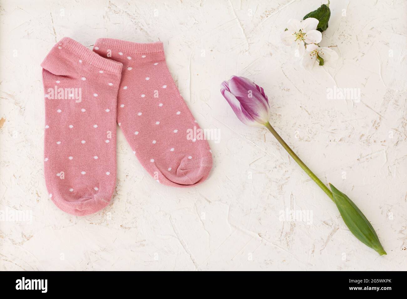 Paire de chaussettes roses pour femmes, tulipe et fleurs d'un pommier sur fond blanc structuré, vue du dessus. Banque D'Images