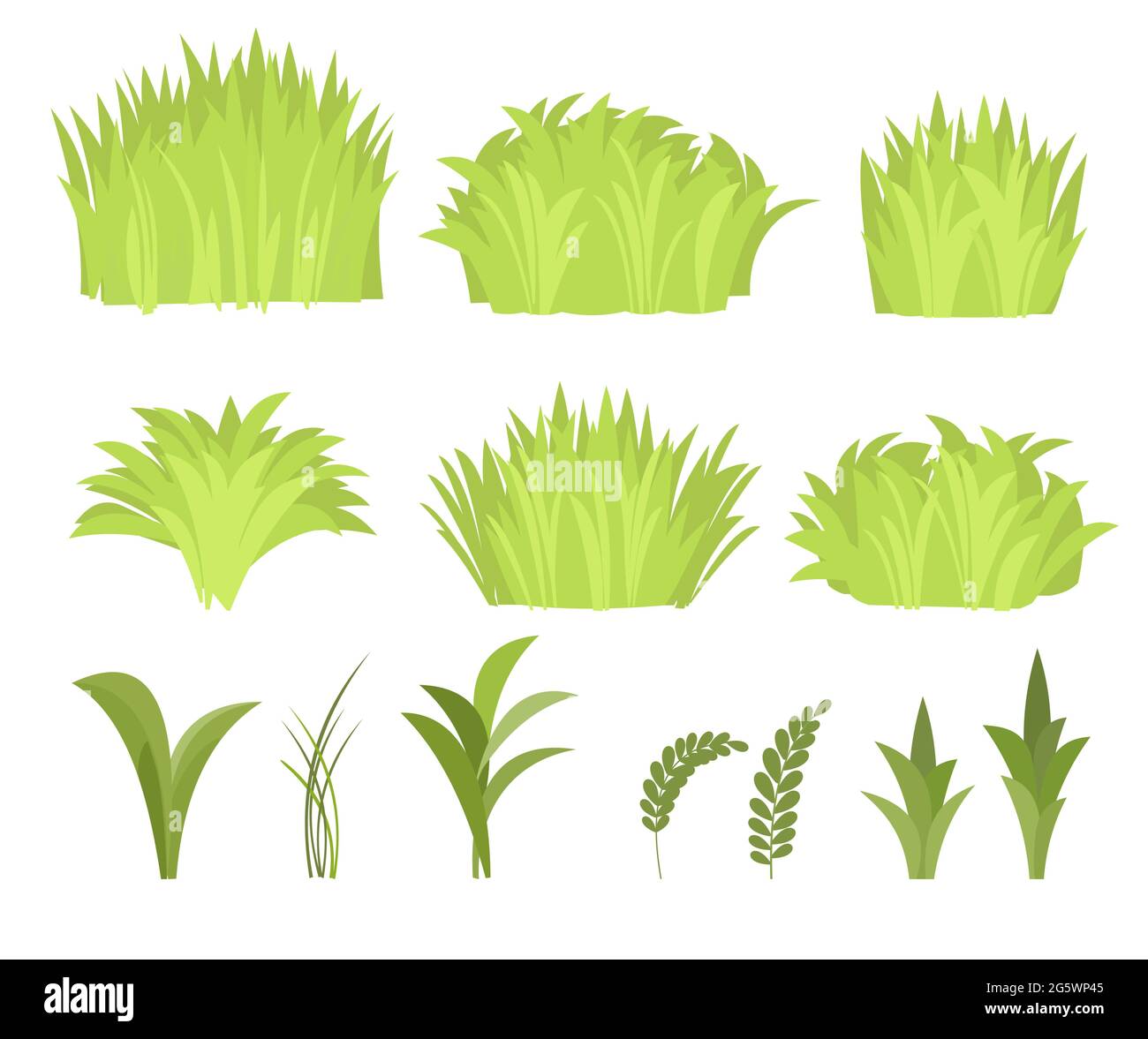 Définir. Gros plan d'une prairie avec une herbe dense. Plantes sauvages vertes rurales. Style de dessin animé. Conception plate. Pelouse non coupée. Illustration vectorielle. Art Illustration de Vecteur
