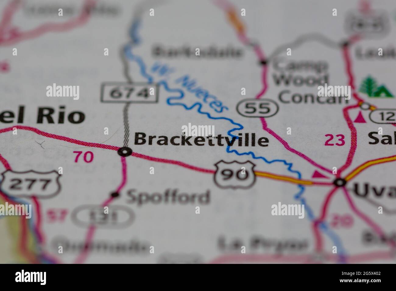Brackettville Texas USA indiqué sur une carte de géographie ou une carte routière Banque D'Images