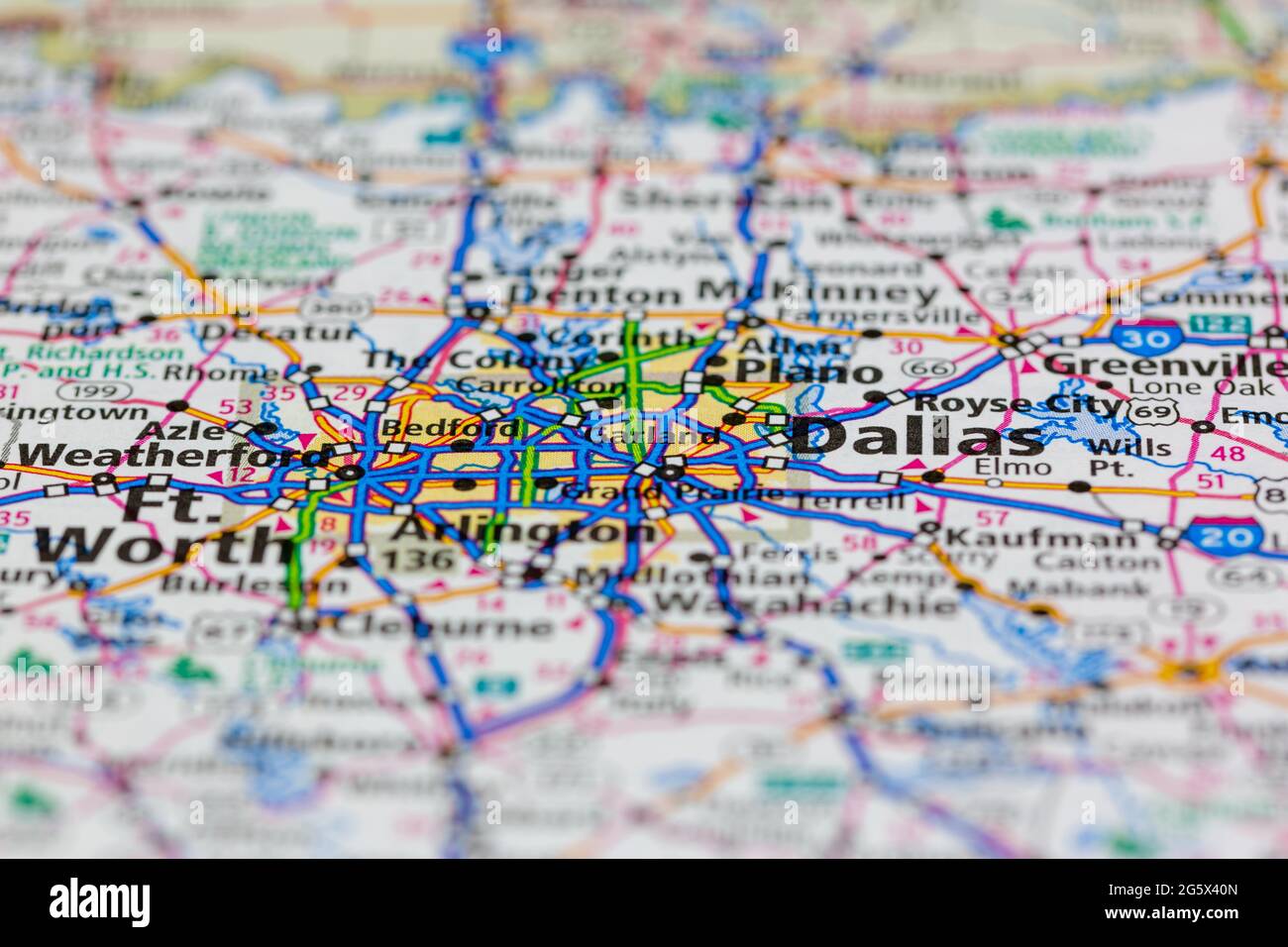 Dallas Texas USA et ses environs représentés sur une carte de géographie ou une carte routière Banque D'Images