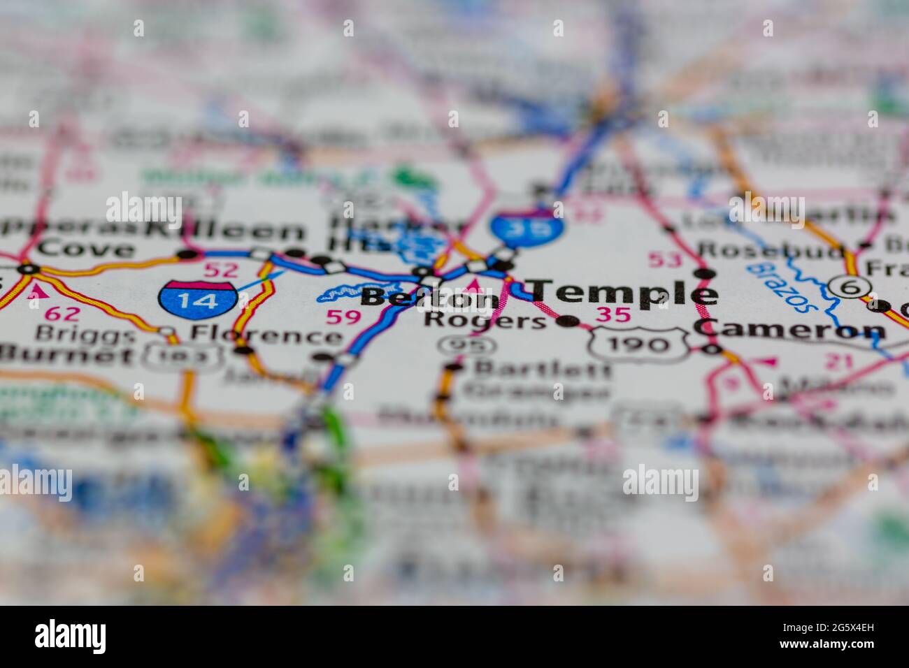 Belton Texas USA indiqué sur une carte de géographie ou une carte routière Banque D'Images
