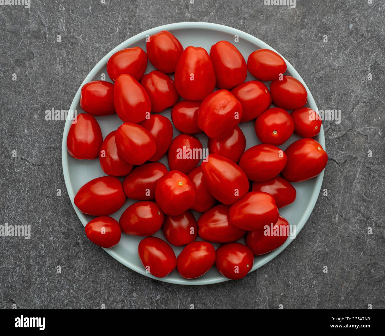 Plan de la vue de petites tomates prune sur une assiette bleu oeuf de canard, sur un fond gris texturé Banque D'Images
