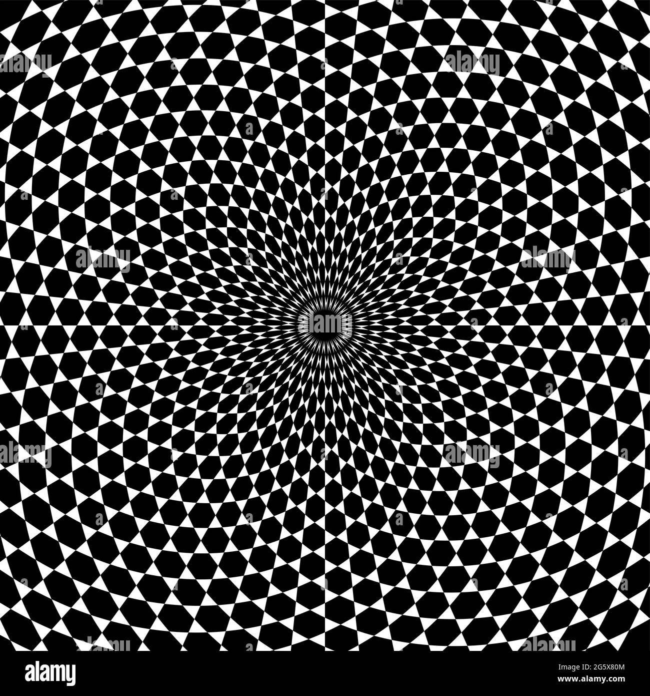 Arrière-plan en spirale à motif hexagonal. Hexagones noirs entourés de triangles blancs, développés en spirale du centre vers l'extérieur. Carrelage trihexagonal. Banque D'Images