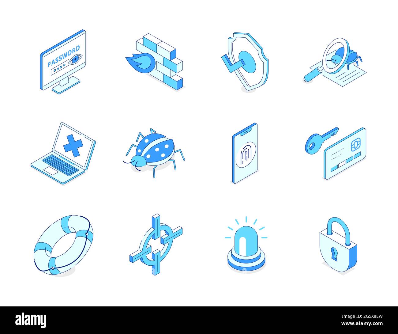 Protection des données - jeu d'icônes isométriques de ligne moderne. Protection des données, idée antivirus. Saisie du mot de passe, pare-feu, antivirus, sac de logiciels, biometri Illustration de Vecteur