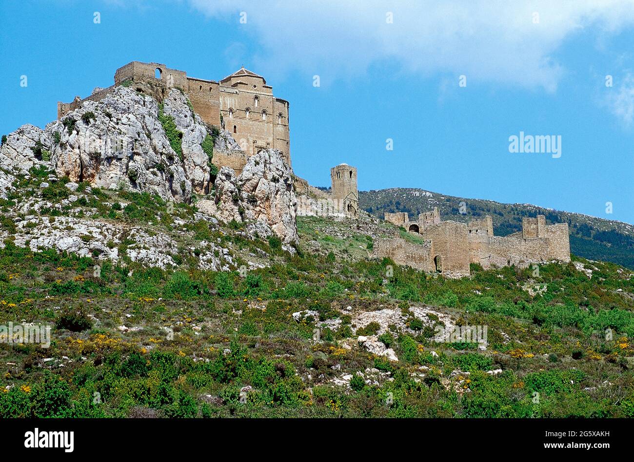 Espagne, Aragón, province de Huesca, Loarre. Vue sur le château, fondé par le roi Sancho III le Grand. À la fin du XIe siècle, le roi Sancho i Ramírez d'Aragon (1043-1094) agrandit l'enceinte du château. Banque D'Images