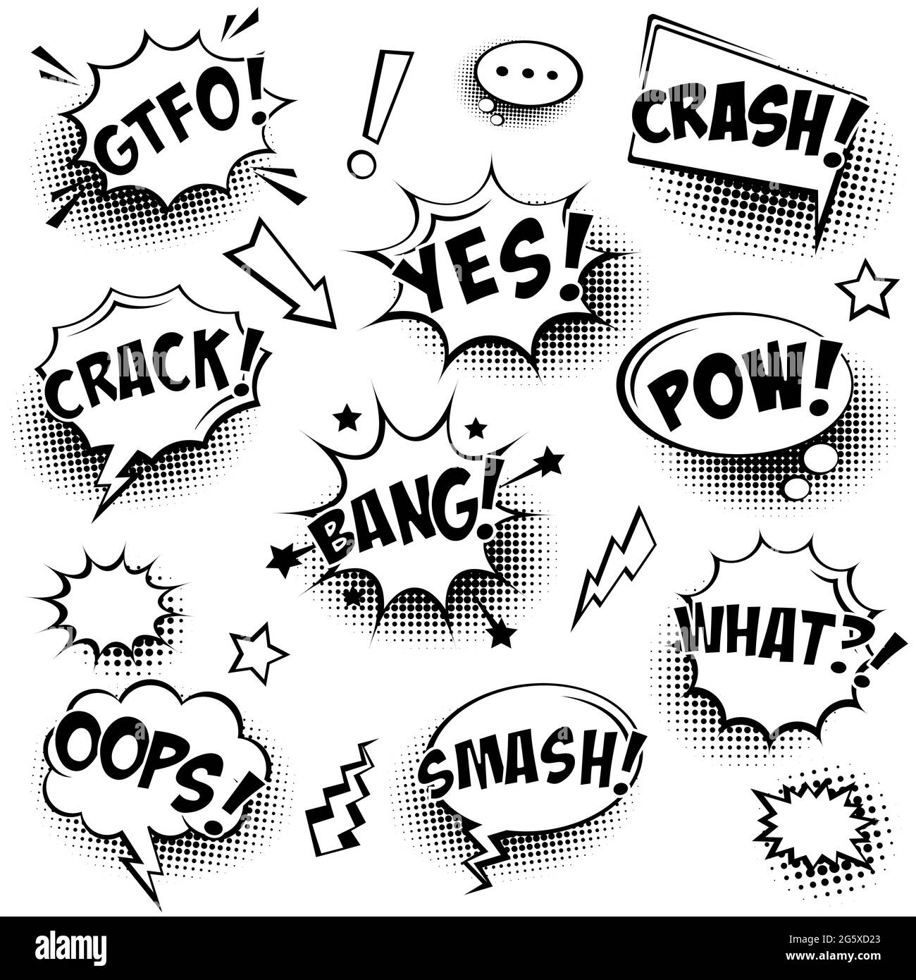 Bulles de langage comique avec ombres demi-teintes et texte isolé sur fond blanc. Autocollants de dessin animé rétro dessinés à la main. Style pop art. Vecteur Illustration de Vecteur