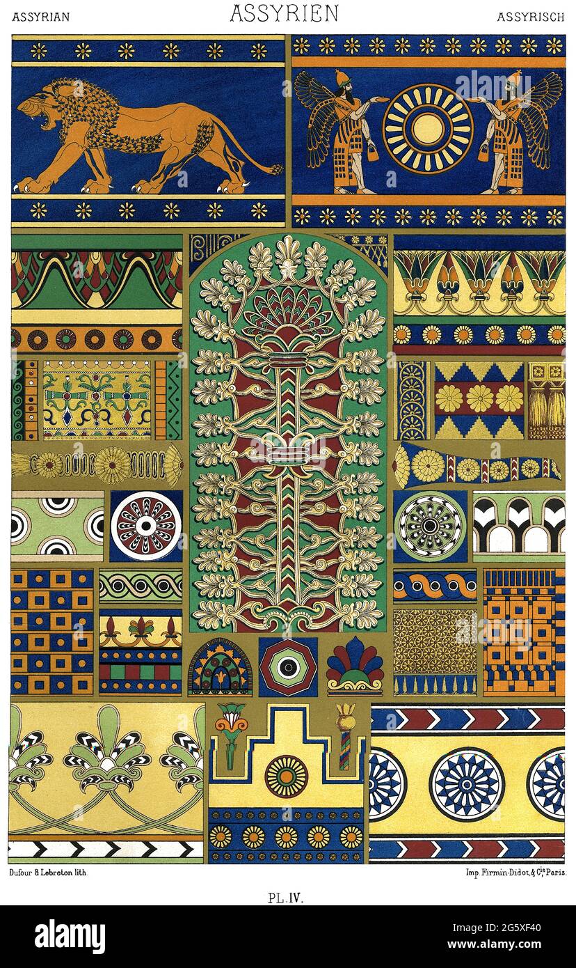 Art assyrien - motifs polychromes - Ninive, Palais de Khorsabad, Persepolis etc. - par l'ornement 1880. Banque D'Images