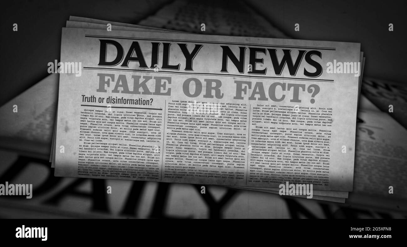 Fake on fact news, désinformation et information. Imprimé journal. Concept abstrait de presse vintage. Illustration du rendu 3d rétro. Banque D'Images