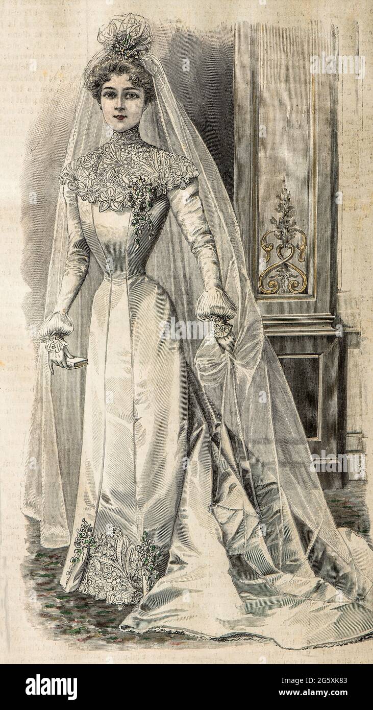 Mariée portant une robe de mariage vintage. Gravure de mode antique de  1901, France, Paris Photo Stock - Alamy