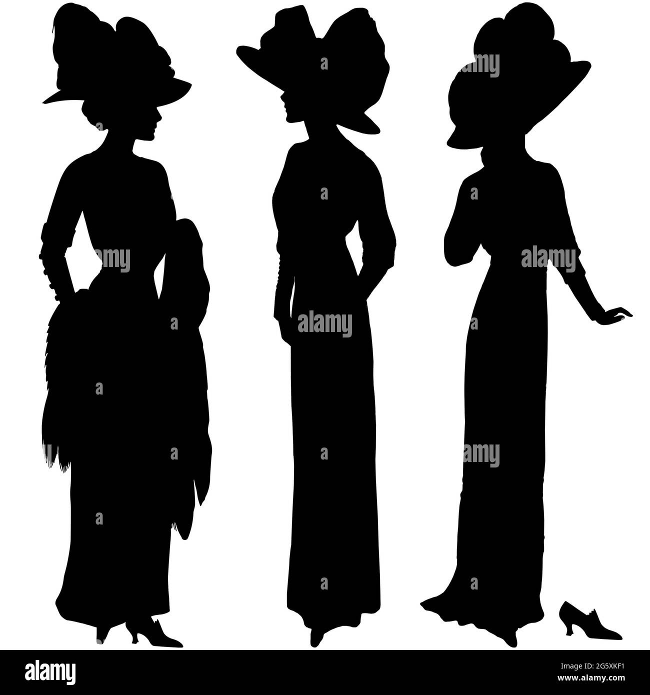 Silhouette féminine en robe vintage et chapeau de style rétro isolé sur fond blanc Banque D'Images