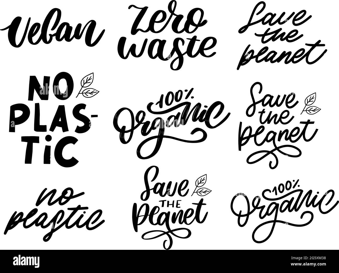 Lettrage au pinceau biologique. Mot bio dessiné à la main avec des feuilles vertes. Étiquette, modèle de logo pour les produits biologiques, aliments sains Illustration de Vecteur