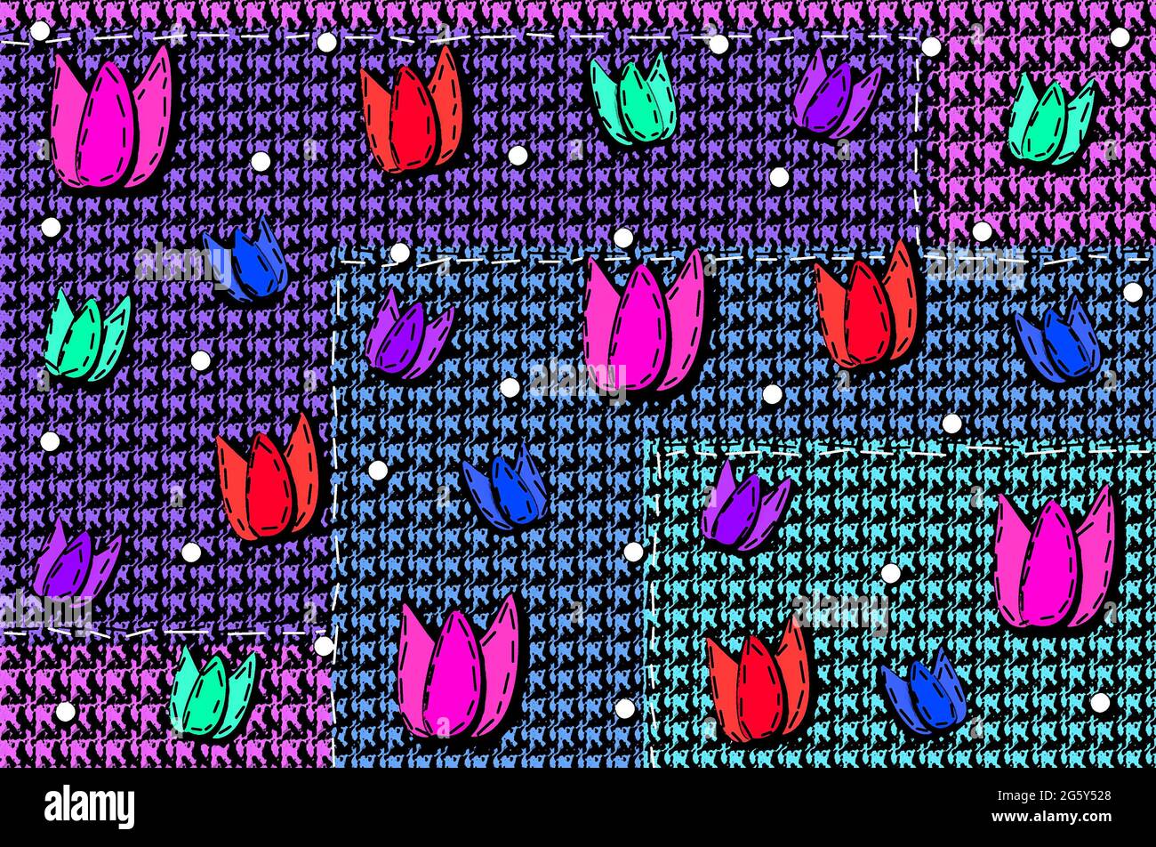 Motif abstrait représentant une couverture piquée et matelassée de quatre couleurs avec coutures blanches et noires. Courtepointe à motif tulipes et cercles appliqués. Banque D'Images