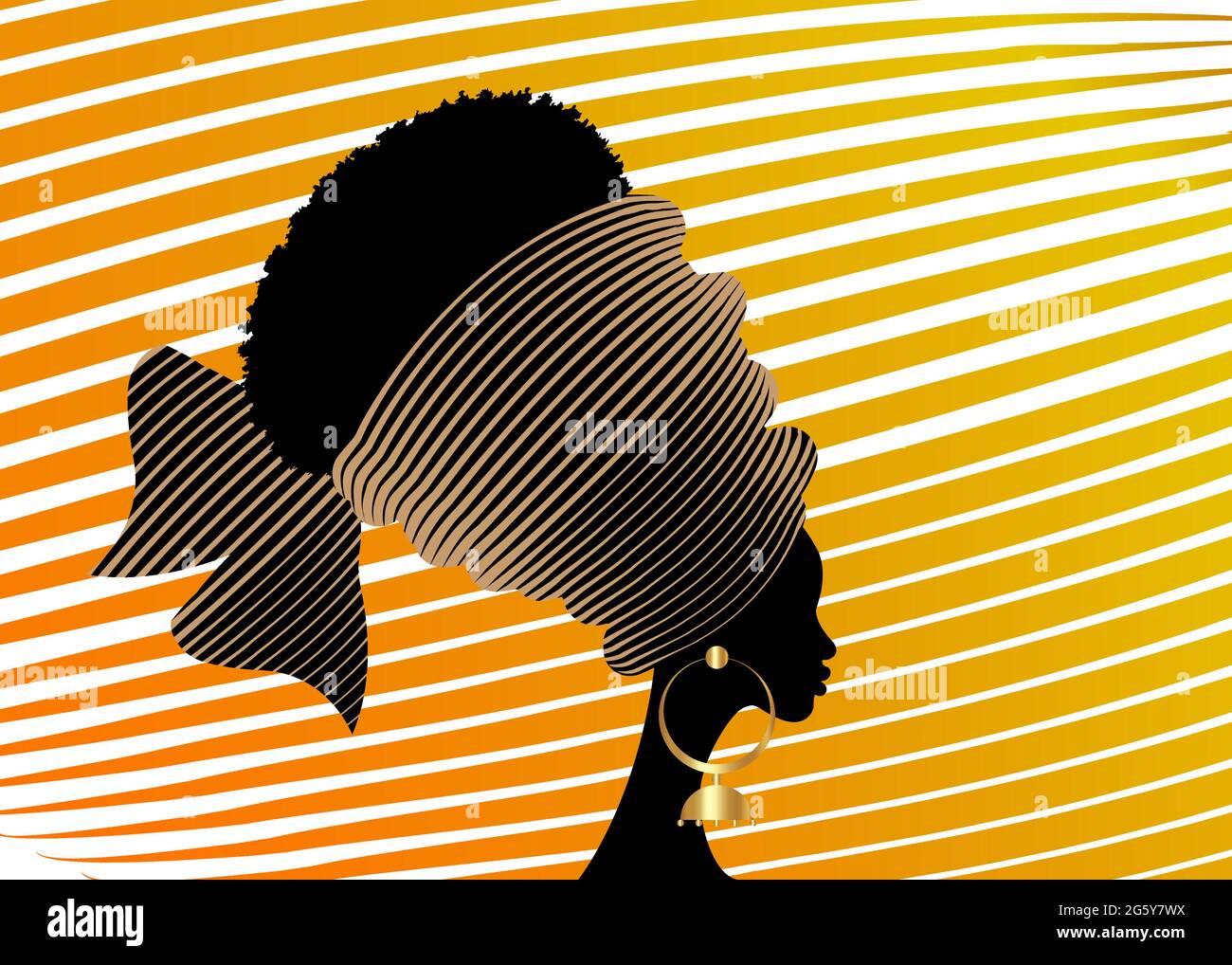 Portrait belle femme africaine en turban traditionnel motif tribal fait à la main, tête Kente envelopper africain avec des boucles d'oreilles ethniques, silhouette de vecteur isolé Illustration de Vecteur
