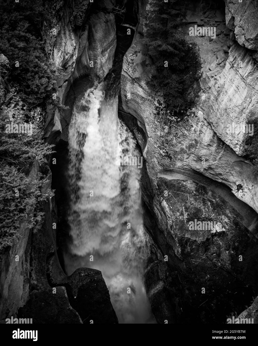 Noir et blanc photo d'une chute d'eau de la rivière Maligne dans le canyon Maligne au premier pont du parc national Jasper des montagnes Rocheuses, Canada Banque D'Images