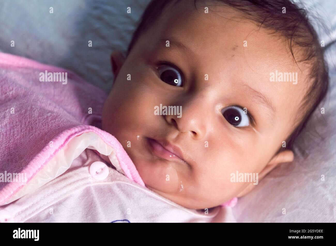 Bebe Garcon Mignon Portant Bebe Bib Avec De Beaux Yeux Roules Couche Sur Le Lit Posant Souriant Et Regardant L Appareil Photo Port De Gros Plan Pour Bebe Sweet Little Photo Stock