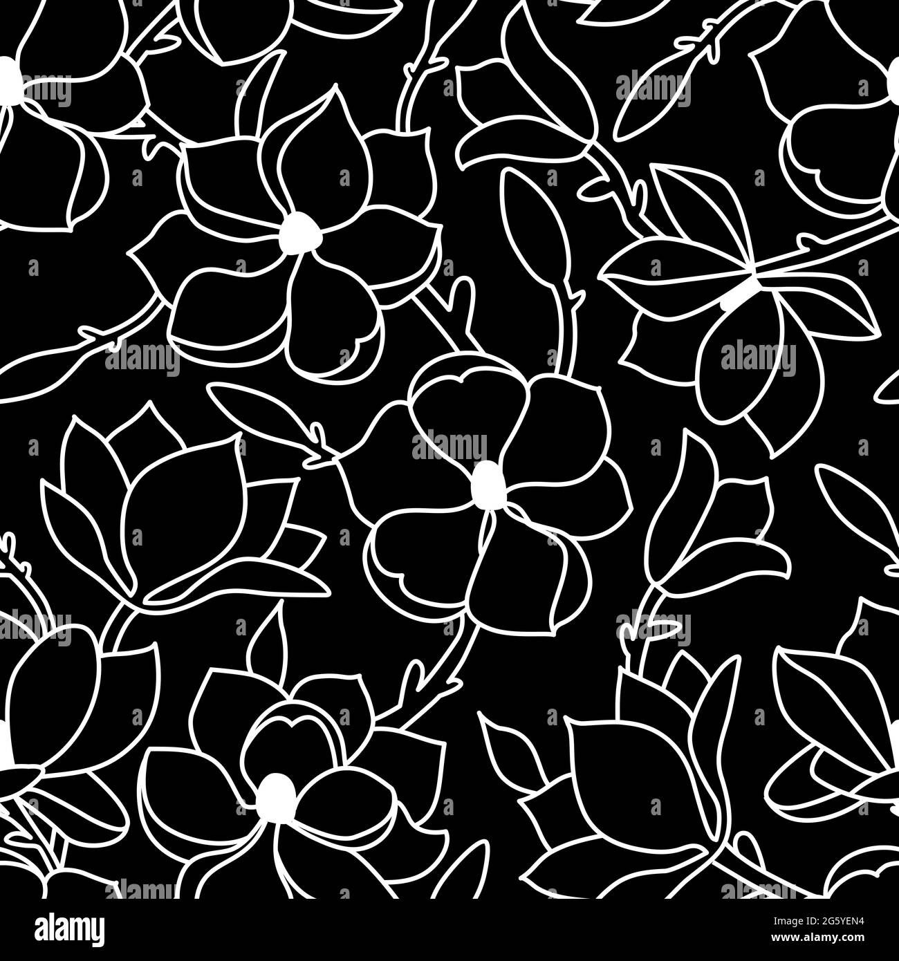 Motif fleuri sans couture. Un dessin linéaire à la main avec des fleurs et des feuilles de magnolia. Contour blanc sur fond noir. Illustration vectorielle Illustration de Vecteur