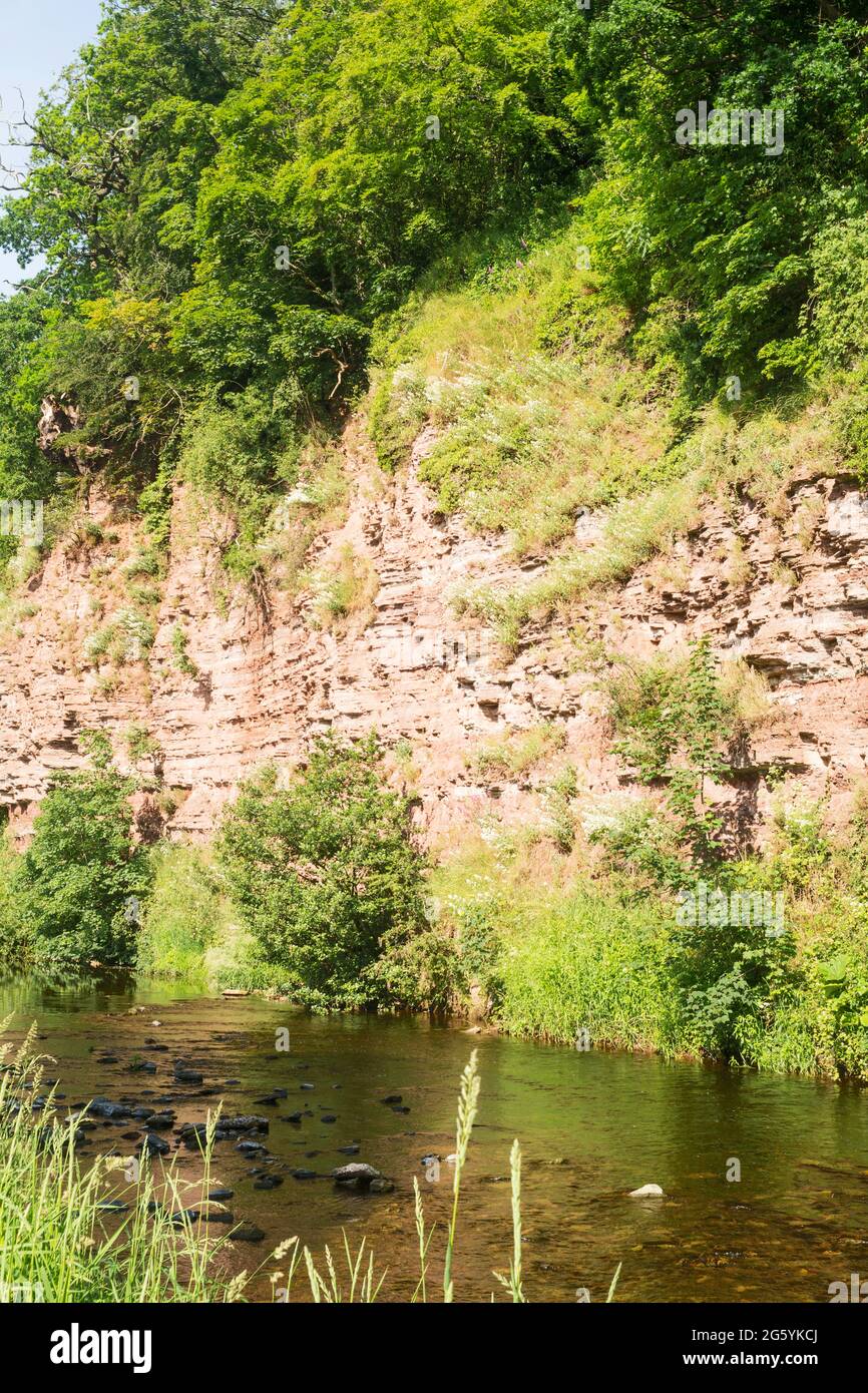 Affleurements de grès rouge au bord de la rivière Jed Water à Jedburgh, en Écosse, au Royaume-Uni Banque D'Images
