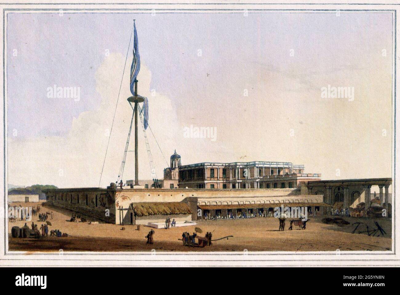 La Maison du Gouvernement, fort St. George Madras [Chennai]; la Maison du Gouvernement se trouve dans le fort; ici, les affaires de la Compagnie de l'Inde de l'est anglaise sont traitées, mais la résidence du Gouverneur est à une distance d'un mile et un quart de Madras. La colonnade à droite mène à la porte d'entrée de la mer, où des marchandises de diverses sortes sont vues en passant continuellement de et vers les navires dans les routes du livre ' Oriental décor: Cent cinquante vues sur l'architecture, les antiquités et le paysage du Hindoostan par Thomas Daniell, et William Daniell, publié à Londres Banque D'Images