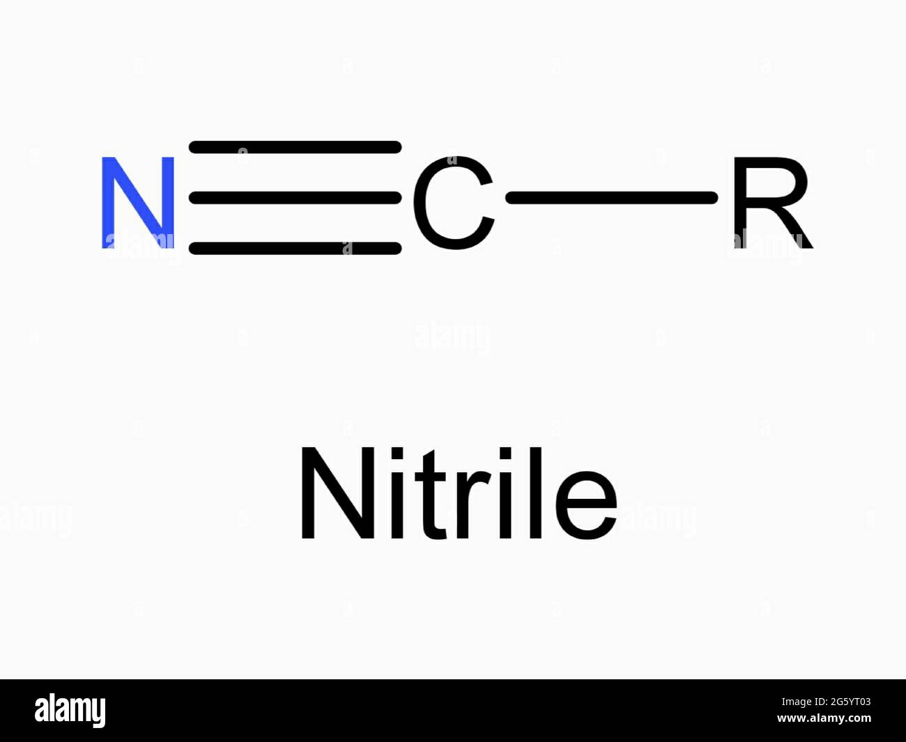 Formule d'atome de molécule de groupe fonctionnel en nitrile isolée sur fond blanc chimie organique structure moléculaire RNC Cyano Compound Banque D'Images