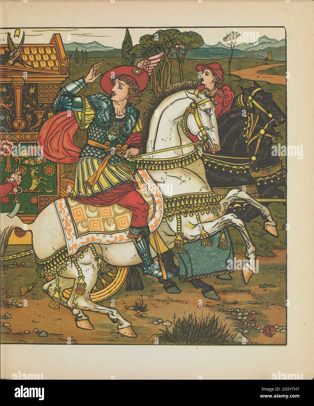 Le Hind dans les Bois AKA le Doe blanc ou le Doe dans les Bois est un conte de fées littéraire français écrit par Madame d'Aulnoy. Du livre « le Hind dans le bois » de Walter Crane écrit à l'origine par Madame d'Aulnoy (Marie-Catherine) Banque D'Images