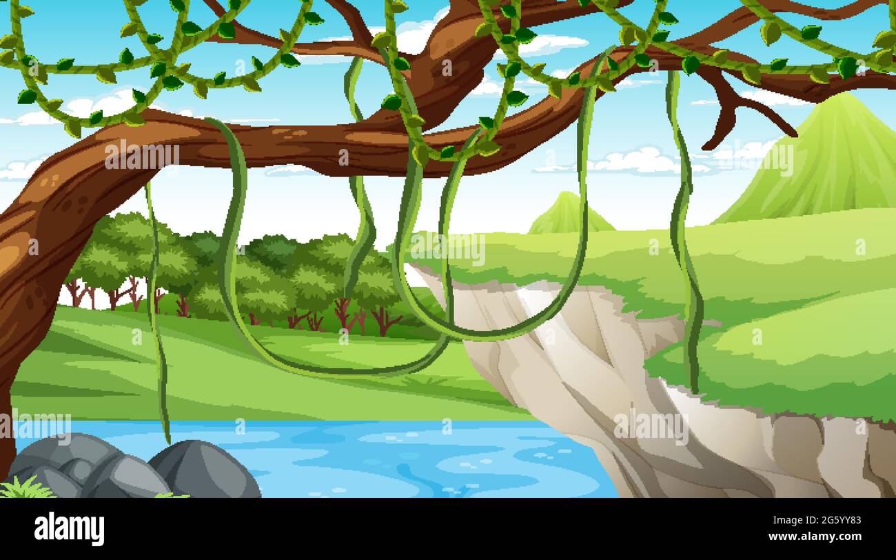 Scène de la nature avec ruisseau qui coule à travers l'illustration de la falaise Illustration de Vecteur
