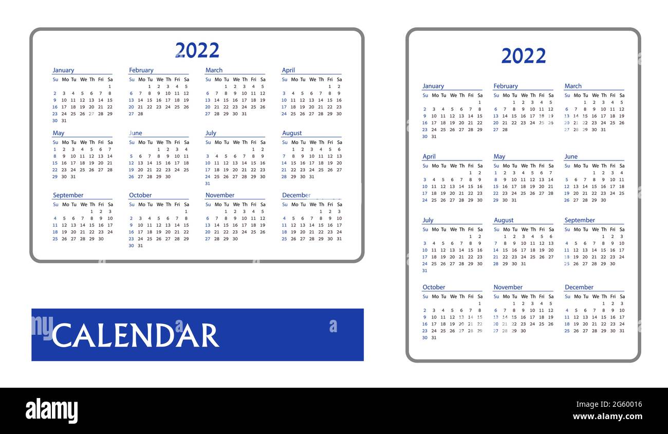 Calendrier de poche bleu horizontal et vertical sur 2022 ans. Calendrier des modèles vectoriels en anglais. Pour les entreprises sur fond blanc. La semaine commence à partir du dimanche Illustration de Vecteur