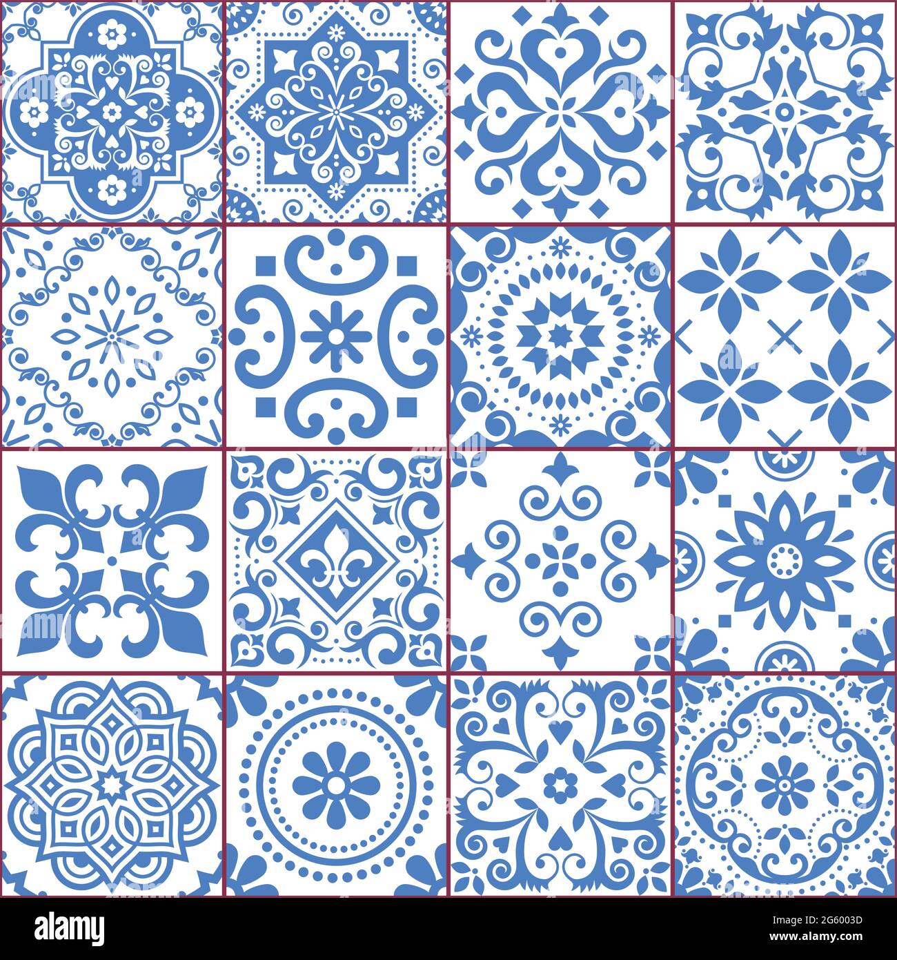 Collection de carreaux azulejo portugais et espagnol à motif vectoriel en bleu et blanc, motif floral traditionnel grand ensemble inspiré de l'art du carrelage de Illustration de Vecteur