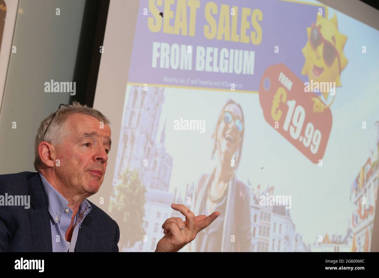 Michael O'Leary, PDG de Ryanair, a photographié lors d'une conférence de presse de la compagnie aérienne irlandaise à bas prix Ryanair, jeudi 01 juillet 2021 à Bruxelles. BELGA PHOTO NICO Banque D'Images