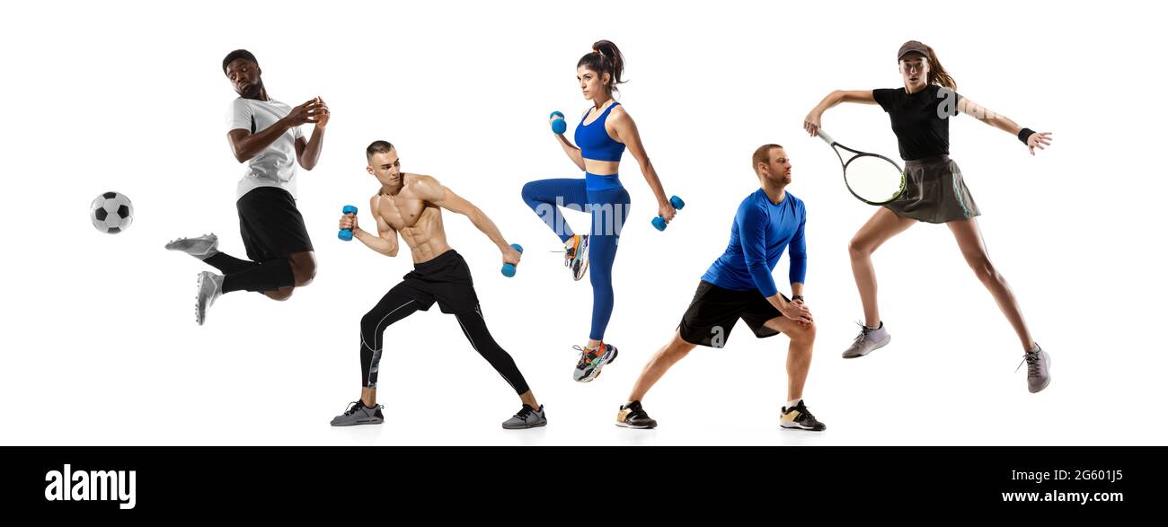 Collage sportif. Tennis, fitness, football joueurs de football en action isolés sur fond blanc studio. Banque D'Images