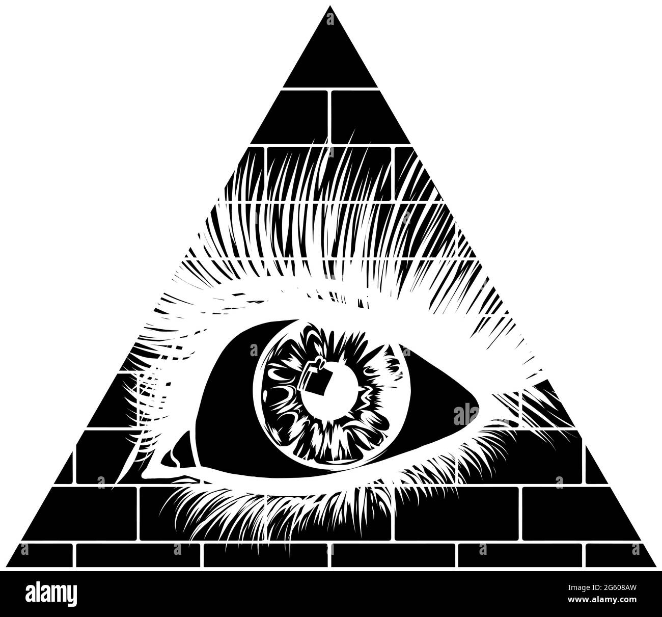 Œil de la providence. Tous les yeux voyant dans le triangle au-dessus du symbole masonique de la pyramide. Illustration de Vecteur
