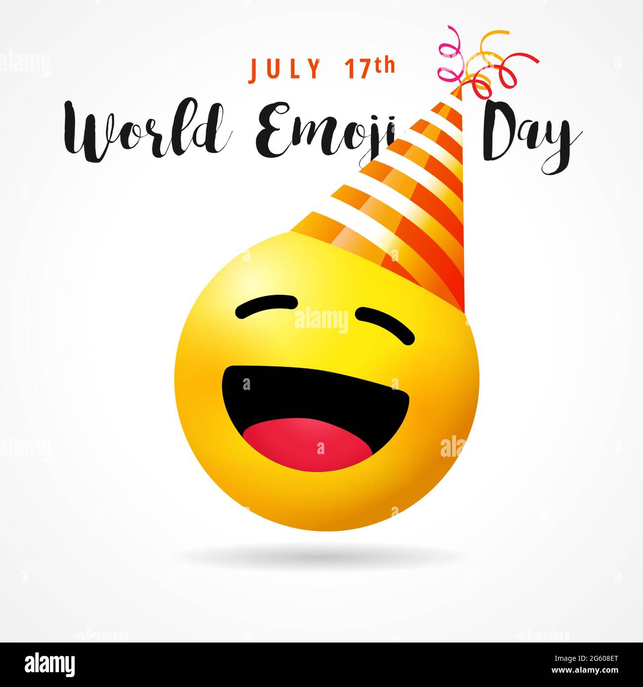 Journée mondiale d'Emoji, icône de sourire drôle dans un chapeau de fête. 17 juillet, texte de la Journée mondiale de l'émoticône avec un joli visage d'émoticône sur fond blanc vide. Illustration vectorielle Illustration de Vecteur