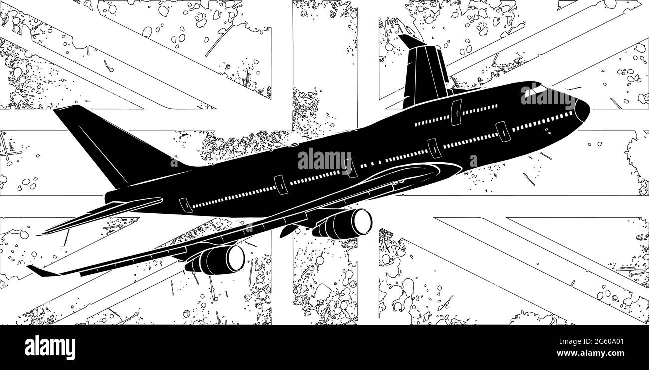Illustration vectorielle d'un avion de passagers survolant le drapeau de la Grande-Bretagne. Illustration de Vecteur