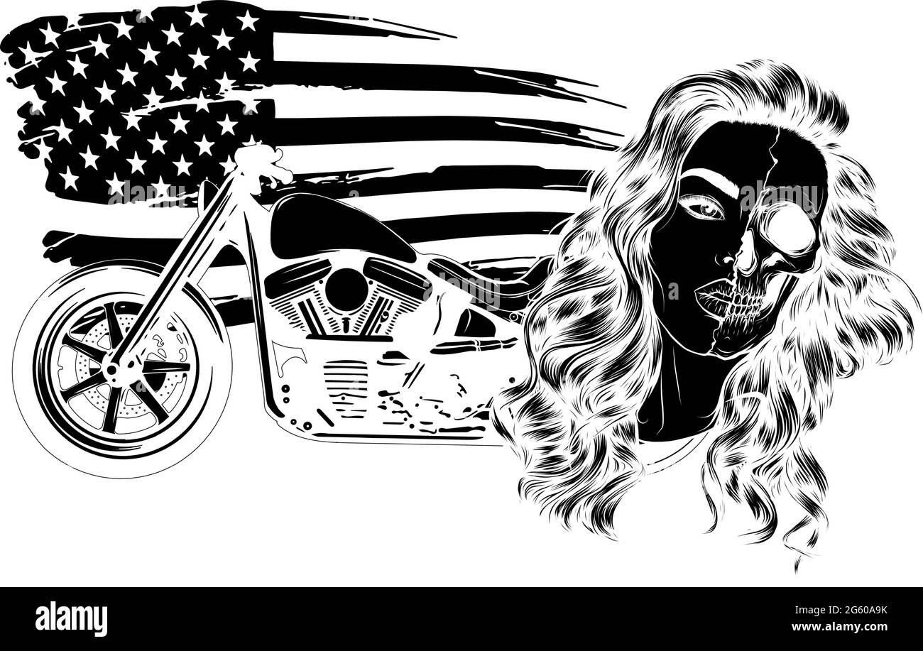 illustration vectorielle vintage chopper moto avec femme visage et américain drapeau Illustration de Vecteur