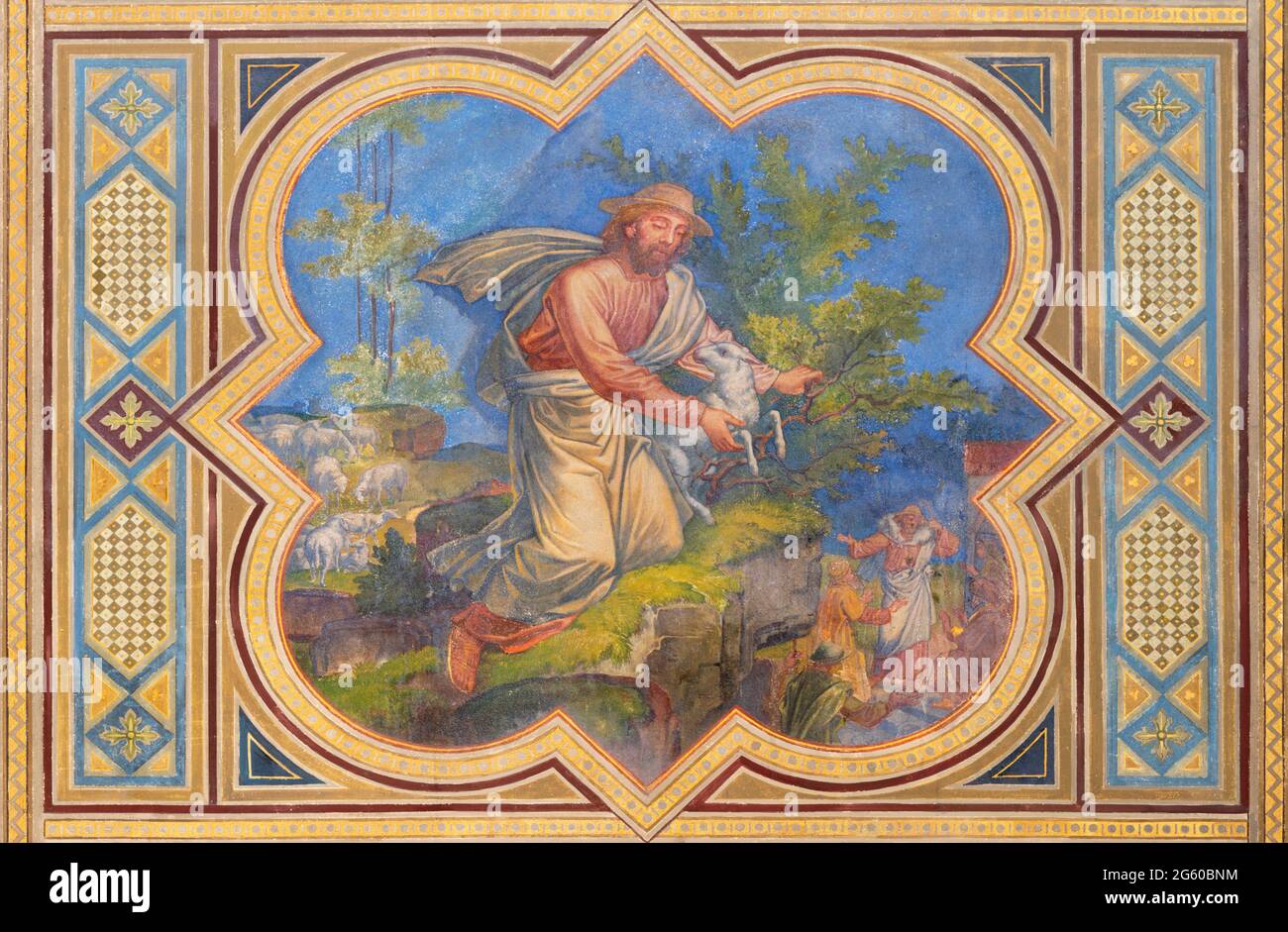 VIENNE, AUSTIRA - JUNI 24, 2021: La fresque de la parabole du bon berger dans l'église Votivkirche par les frères Carl et Franz Jobst (sc. Moitié de 19 Banque D'Images