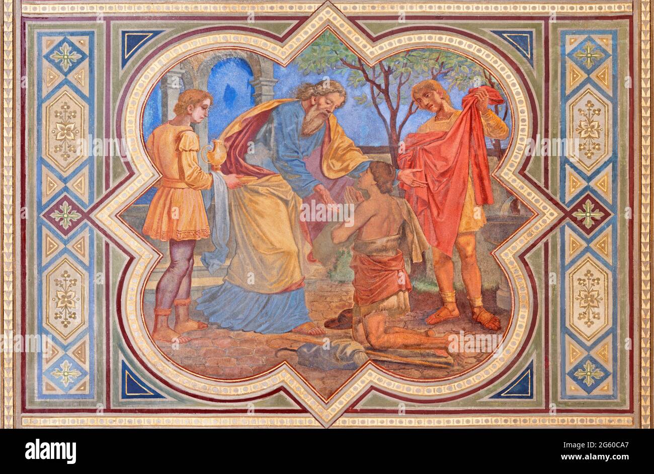 VIENNE, AUSTIRA - JUNI 24, 2021: La fresque de la scène comeback de Prodigal fils dans l'église Votivkirche par les frères Carl et Franz Jobst Banque D'Images